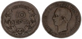 Greece 10 Lepta 1869 BB George I (1863-1913). Averse: Young head left. Reverse: Denomination within wreath. Copper. KM 43
