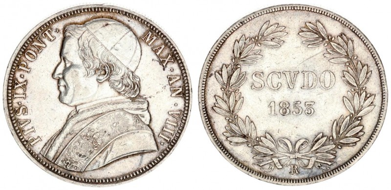 Italy Papal States 1 Scudo 1853 VIII R. Pius IX (1846-1878). Averse: Bust left w...