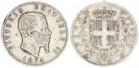 Italy 5 Lire 1874 M BN Vittorio Emanuele II(1861-1878). Averse: Head right. Reverse: Crowned shield within wreath. Silver. KM 8.3