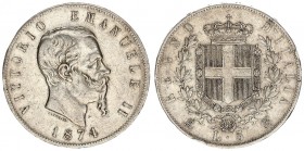 Italy 5 Lire 1874M BN Vittorio Emanuele II(1861-1878). Averse: Head right. Reverse: Crowned shield within wreath. Silver. KM 8.3
