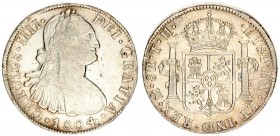 Mexico 8 Reales 1804 TH Charles IV(1788-1808). Averse: Armored bust of Charles IIII right. Averse Inscription: CAROLUS • IIII • DEI • GRATIA •. Revers...