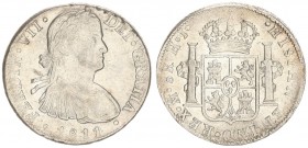 Mexico 8 Reales 1811 HJ Ferdinand VII(1808-1833). Averse: Armored laureate bust right. Averse Legend: FERDIN • VII... Reverse: Crowned shield flanked ...