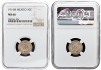 Mexico 10 Centavos 1914 Mo. Averse: National arms. Reverse: Value and date within 3/4 wreath with Liberty cap above. Silver. KM 428. NGC MS 66