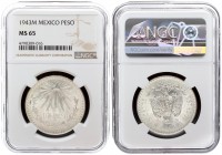 Mexico 1 Peso 1943 Mo. Averse: National arms. Reverse: Value and date within 3/4 wreath with Liberty cap above. Edge Lettering: INDEPENDENCIA Y LIBERT...