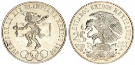Mexico 25 Pesos 1968 Mo Summer Olympics - Mexico City. Averse: National arms eagle left. Reverse: Olympic rings below dancing native left numeral desi...
