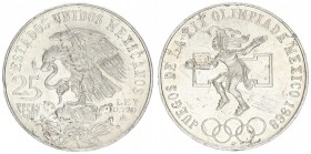 Mexico 25 Pesos 1968 Mo Summer Olympics - Mexico City. Averse: National arms eagle left. Reverse: Olympic rings below dancing native left numeral desi...