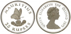 Mauritius 25 Rupees 1975 Elizabeth II(1952-). Averse: Young bust right. Reverse: Butterfly on flowers.Reverse Designer: Christopher Ironside. Silver. ...