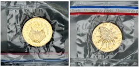 Rwanda 20 Francs 1977(a) Essai Averse: Stalk of bananas and tree. Reverse: Value above flag draped arms Brass. KM E6. With Origanal Pack