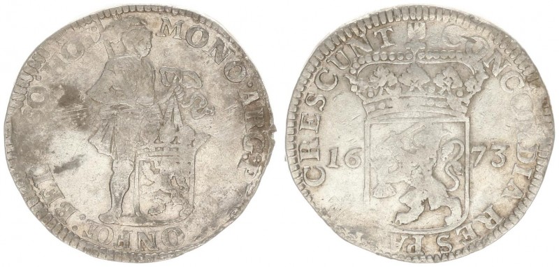 Netherlands HOLLAND 1 Silver Ducat 1673 Averse: Standing armored Knight with cro...