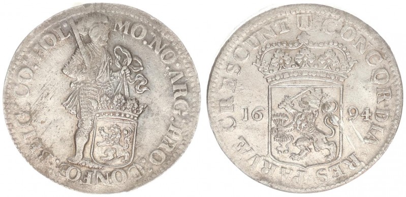 Netherlands Holland 1 Silver Ducat 1694 Averse: Standing armored Knight with cro...