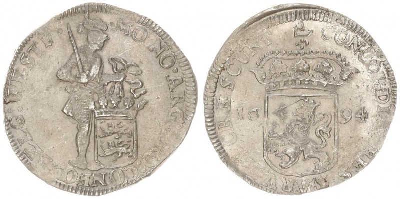 Netherlands 1 Silver Ducat 1694 West Friesland. Av: Knight standing facing right...