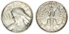 Poland 1 Zloty 1925 (London). Dot after date. Averse: Crowned eagle with wings open. Reverse: Bust left. Edge Description: Reeded. Silver. Scratches. ...
