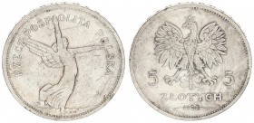 Poland 5 Zlotych 1928 (w) Averse: Crowned eagle with wings open. Reverse: Winged Victory right. Edge Lettering: SALUS REIPUBLICAE SUPREMA LEX. Scratch...