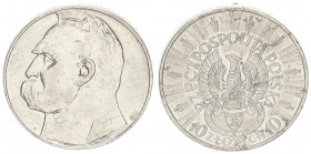 Poland 10 Zlotych 1934 (w) Averse: Rifle Corps symbol below eagle with wings open. Reverse: Head of Jozef Pilsudski left. Edge Description: Reeded. Si...