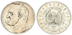 Poland 5 Zlotych 1934 (w) Averse: Rifle Corps symbol below eagle with wings open. Reverse: Head of Jozef Pilsudski left. Edge Description: Reeded. Y 2...
