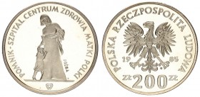 Poland 200 Zlotych 1985 PROBA Warsaw. Monument-Hospital of the Polish Mother's Health Center convex inscription TRIAL inverted mint mark. Parchimowicz...