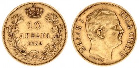 Serbia 10 Dinara 1882 Milan I(1868–1889). Averse: Head right. Averse Legend: Short title. Reverse: Value date within crowned wreath. Gold. KM 16