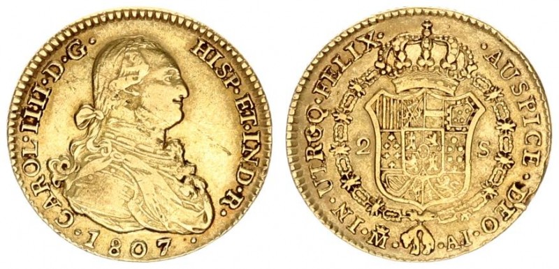 Spain 2 Escudos 1807 AI Charles IV(1788-1808). Averse: Bust right. Averse Legend...