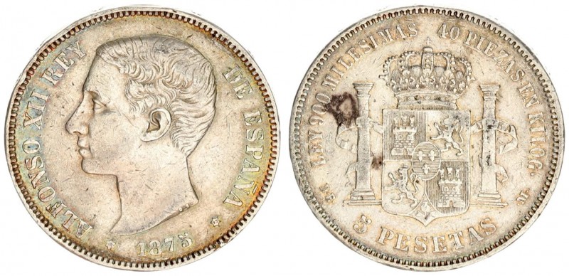 Spain 5 Pesetas 1875 (75) DE M. Alfonso XII(1874-1885). Averse: Head left. Avers...