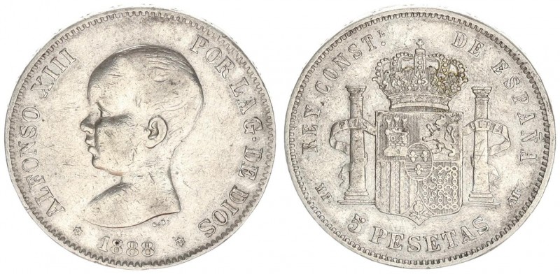 Spain 5 Pesetas 1888 (88) MP M. Alfonso XIII(1886-1931). Averse: Toddler's head ...