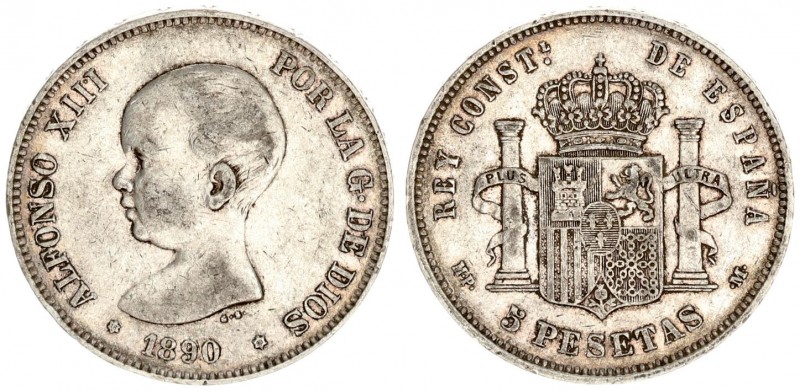 Spain 5 Pesetas 1890 (90) MP M. Alfonso XIII(1886-1931). Averse: Toddler's head ...