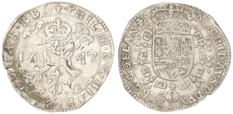 Spanish Netherlands 1/2 Patagon 1647 Flanders. Philip IV (1621-1665). Av: St. An...