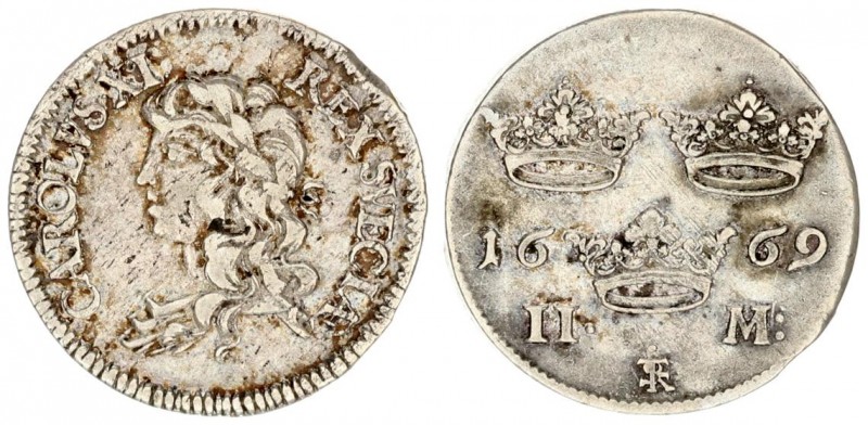 Sweden 2 Mark 1669 Charles XI (1660-1697). Averse: Youthful laureate bust of Car...