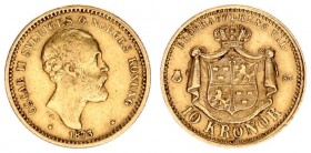 Sweden 10 Kronor 1873 ST Oscar II(1872-1907). Averse: Head right. Averse Legend: OSCAR II SVERIGES... Reverse: Crowned mantled arms. Gold. KM 732