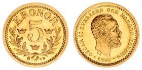 Sweden 5 Kronor 1899 EB Oscar II(1872-1907). Averse: Head right. Obverse Legend: OSCAR II SVERIGES... Reverse: Value 3 crowns above sprigs. Gold. KM 7...