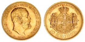 Sweden 10 Kronor 1901 EB Oscar II(1872-1907). Averse: Large head right. Averse Legend: OSCAR II SVERIGES... Reverse: Crowned and mantled arms. Gold. K...