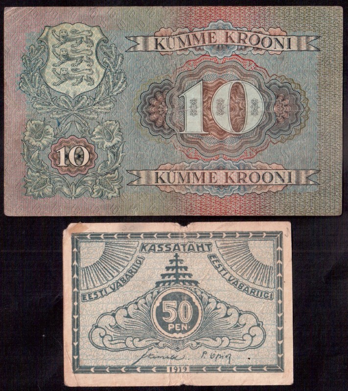 Estonia Treasury sign of the Republic of Estonia 1919 50 Pennia; Bank ticket 193...