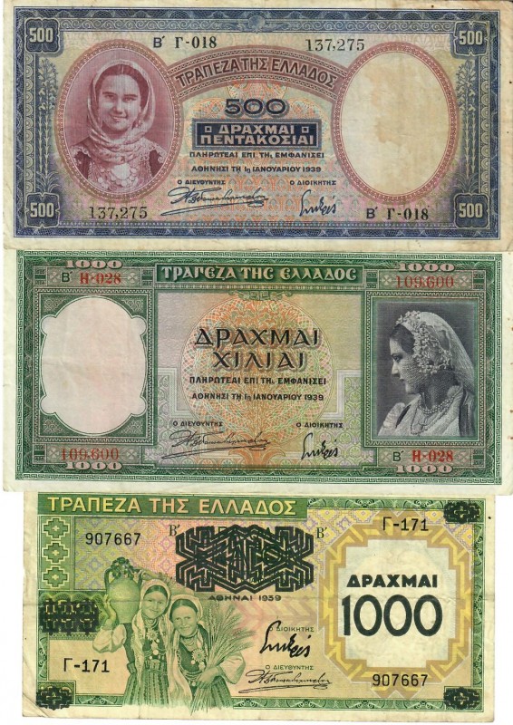 Greece 500 & 1000 Drachmai 1939 Lot f 3 Banknotes