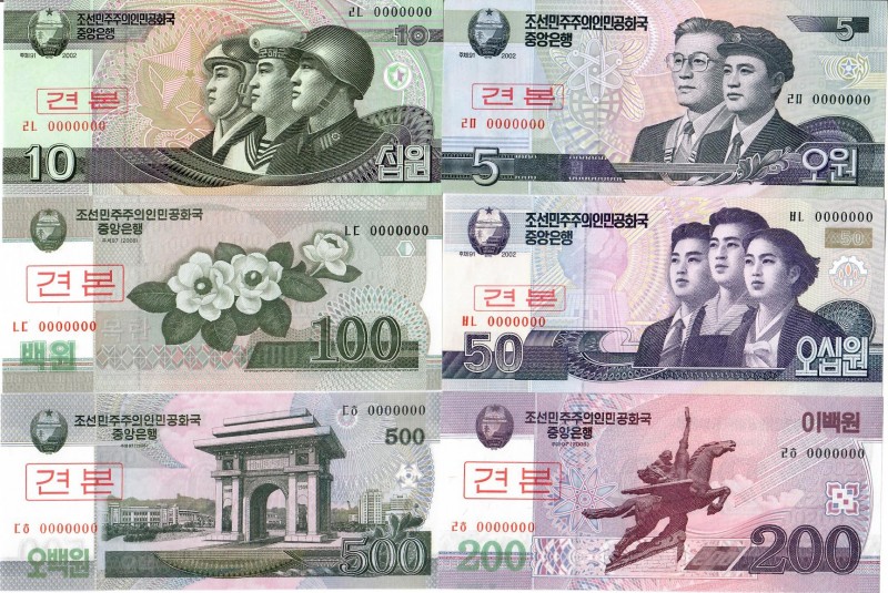 Korea North 5-5000 Won SPECIMEN 2002-2013 Lot of 10 Banknotes