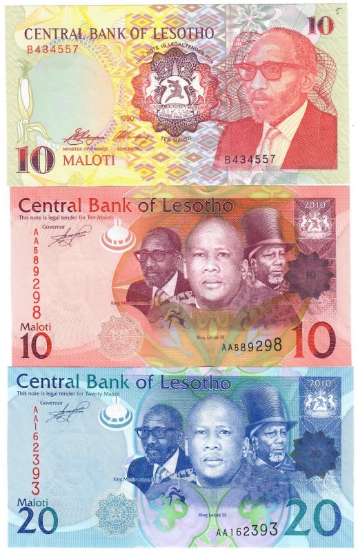 Lesotho 10&20 Maloti 1990-2010 Lot of 3 Banknotes KM:11a; 3 KINGS P.21; P.22