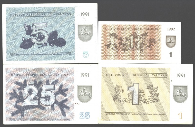 Lithuania 1 & 5 & 25 Vouchers 1991-1992. Lot of 4 Banknotes