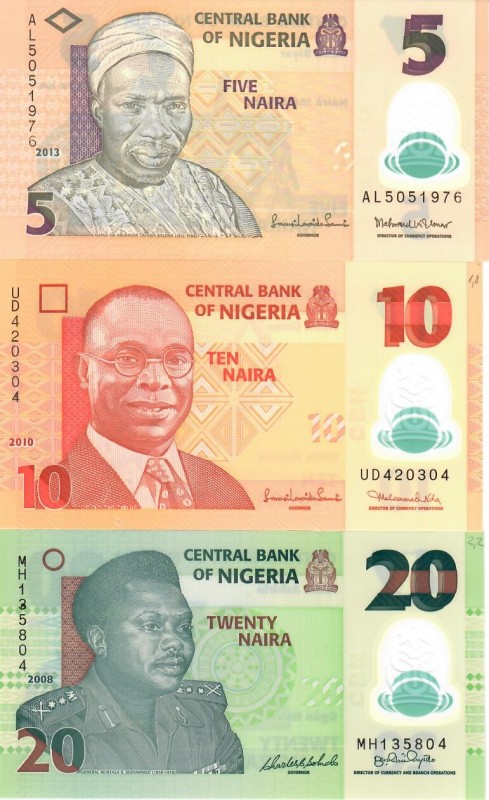 Nigeria 5-20 Naira 2008-2013 Lot of 3 Banknotes