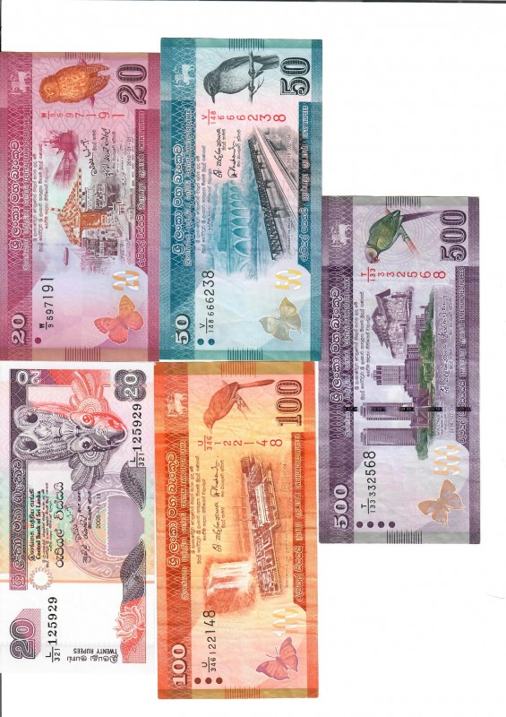 Sri Lanka 20-500 Rupees 2005-2016 Lot of 5 Banknotes