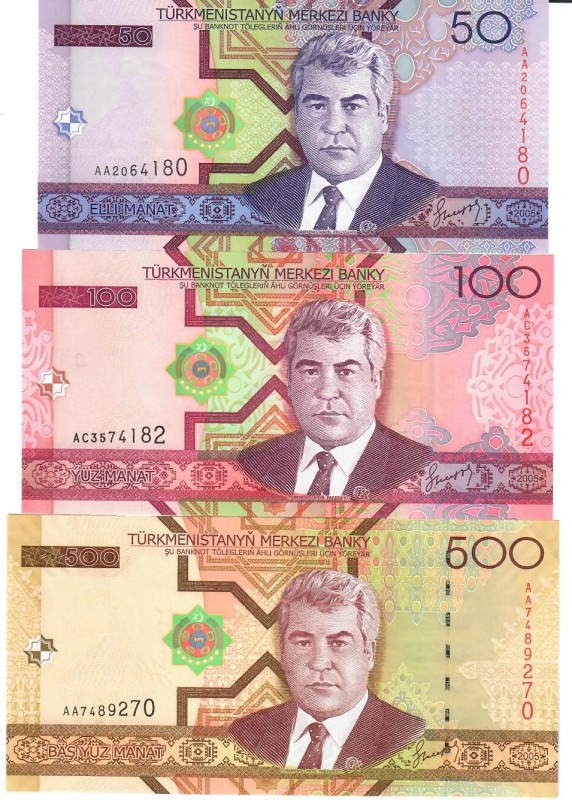 Turkmenistan 50-200 Manat 2005 Lot of 3 Banknotes