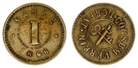 Estonia Token 1 Marke 1886 consumed association Dorpat-Tartu. 1 MARKE CONSUM VEREIN DORPAT 1886. Diameter 14 mm. Brass