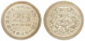 Estonia 25 Senti 1928 Averse: National arms wreath surrounds. Reverse: Denomination above date. Nickel-Bronze. KM 9.
