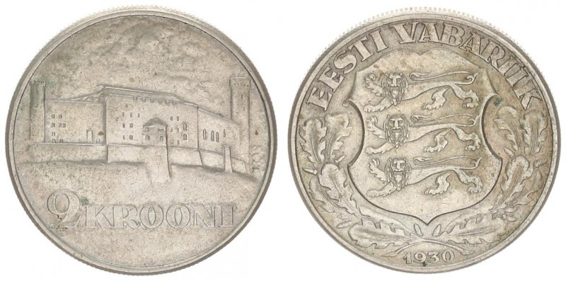 Estonia 2 Krooni 1930 Toompea Fortress at Tallinn. Averse: National arms wreath ...