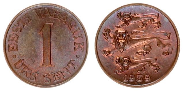 Estonia 1 Sent 1939 Averse: Three leopards left above date. Reverse: Denominatio...