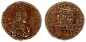 Latvia Courland 1 Solidus 1764.Ernst Johann Biron(1763-1769). Averse: Bust right. Averse Legend: D • G • ERNEST • IOH • DVX •. Reverse: Two crowned sh...