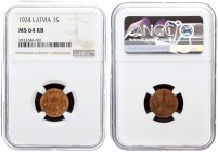 Latvia 1 Santims 1924 Averse: National arms above ribbon. Reverse: Value and date. Edge Description: Plain. Bronze. KM 1. NGC MS 64 RB
