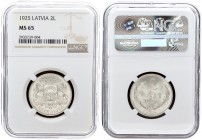 Latvia 2 Lati 1925. Averse: Arms with supporters. Reverse: Value and date within wreath. Edge Description: Milled. Silver. KM 8. NGC MS 65
