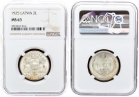 Latvia 2 Lati 1925. Averse: Arms with supporters. Reverse: Value and date within wreath. Edge Description: Milled. Silver. KM 8. NGC MS 63