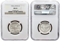 Latvia 2 Lati 1926. Averse: Arms with supporters. Reverse: Value and date within wreath. Edge Description: Milled. Silver. KM 8. NGC MS 63