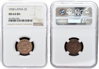 Latvia 2 Santimi 1928. Averse: National arms above ribbon. Reverse: Value and date. Edge Description: Plain. Bronze. KM 2. NGC MS 64 BN