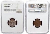 Latvia 2 Santimi 1932 . Averse: National arms above ribbon. Reverse: Value and date. Edge Description: Plain. Bronze. KM 2. NGC MS 62 BN