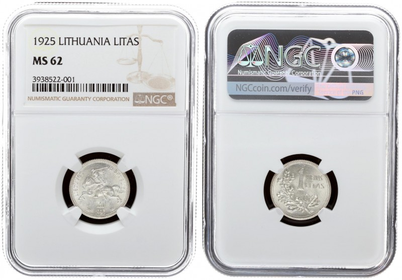 Lithuania 1 Litas 1925 Averse: National arms. Reverse: Value above oak leaves. E...